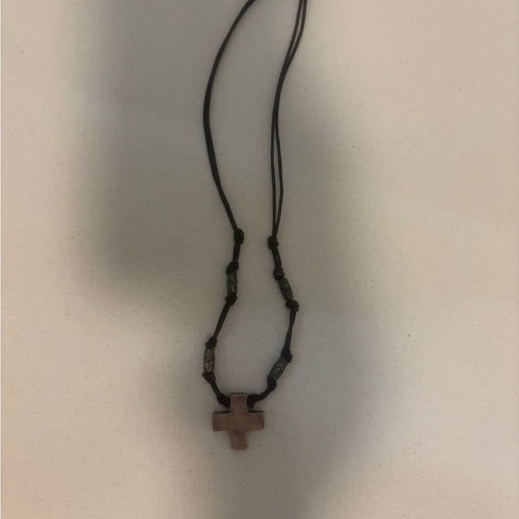 Silver Cross Pendant Necklace Leather Cord - Picture 2 of 4